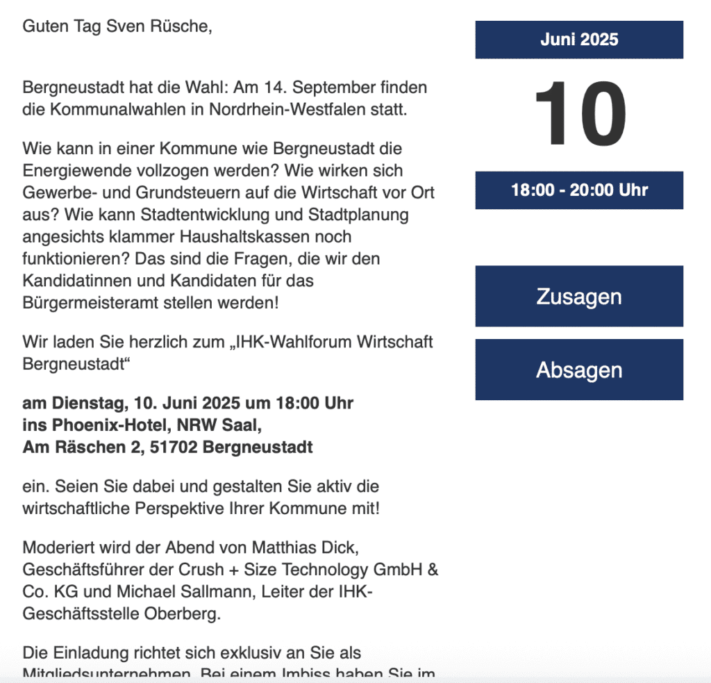 IHK Wahlforum Bergneustadt - Einladung für Sven Oliver Rüsche. Gewerbetreibender und UWG Stadtverordneter in Bergneustadt.