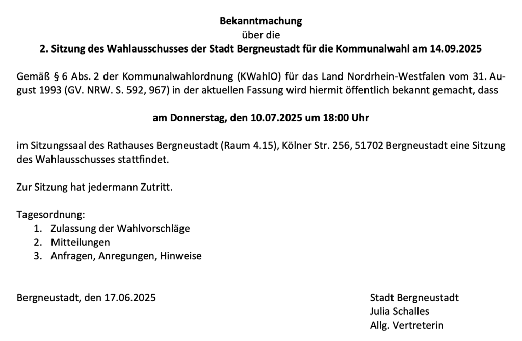 Zweite Sitzung des Wahlausschusses zur Kommunalwahl Bergneustadt 2025.