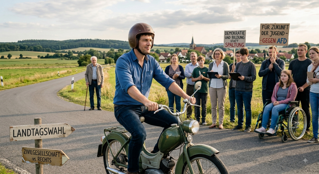 Ulrich Siegmund führt in seinem Wahlkampf 2026 auf einem Moped durch.